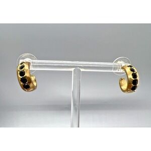 Vintage Roman Gold Tone Hoop Earrings Black Glass Rhinestones Classic 90s Post